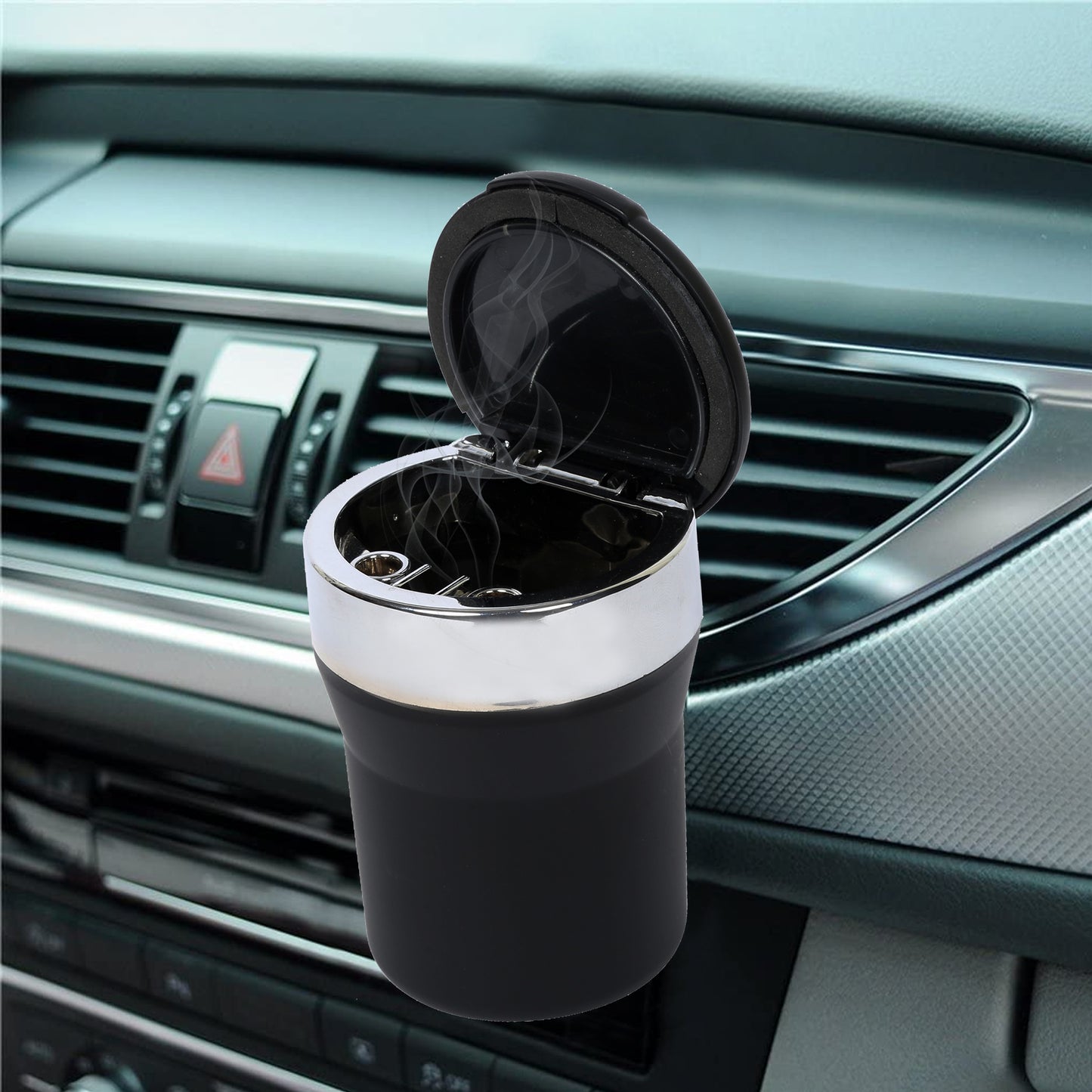 Car Ashtray, Portable Ashtray for Car, Mini Car Trash Can, Detachable Stainless Steel Smokeless Ash Tray with Lid, LED Blue Light, Windproof for Outdoor Travel, Home (black)